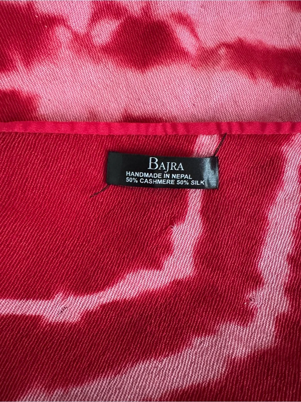 Bajra Cashmere Silk Tie Dye Raspberry triangle scarf with leather fringe